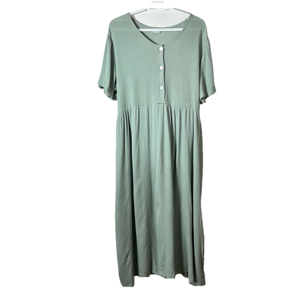 Gloria Vanderbilt Green Midi Crinkle Dress Buttoned Bodice Short Sleeve Size M